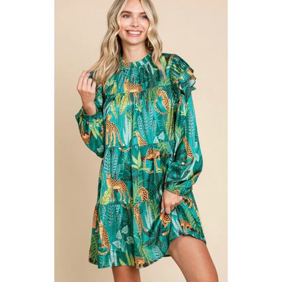 Jodifl Godiva Satin Print Dress Green Size Large - Picture 2 of 13